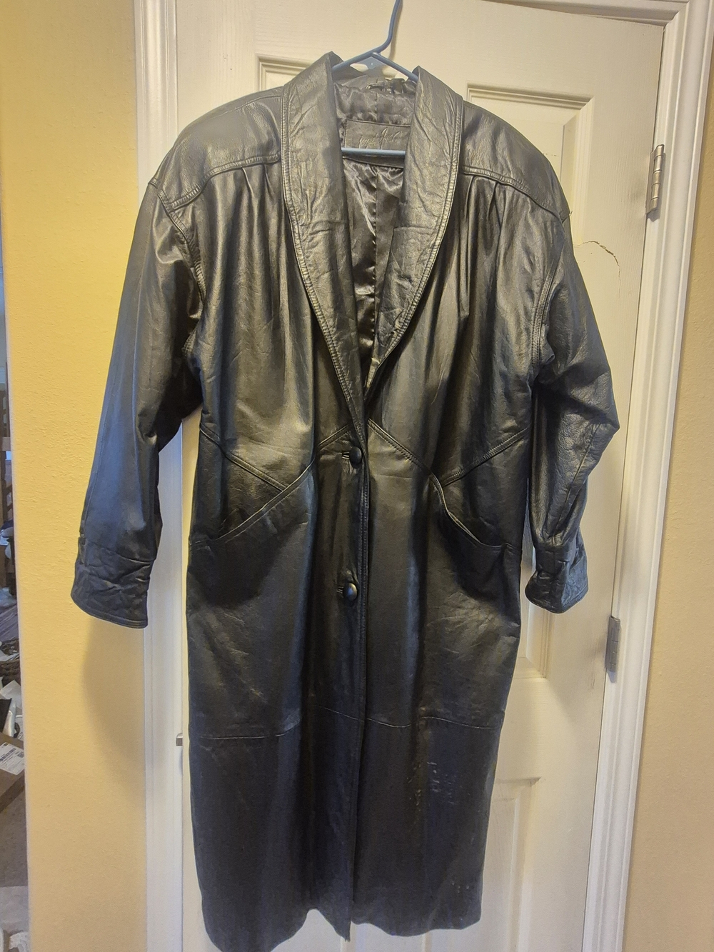 Women's Black Leather Long Trench Coat - Vintage 80s